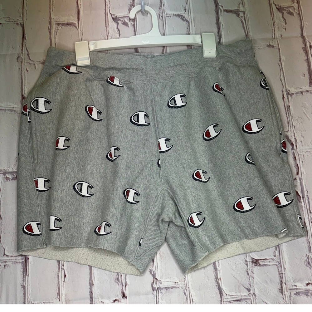 Champion Reverse Weave Shorts Gray All Over Print Logo Athletic Casual Mens XL